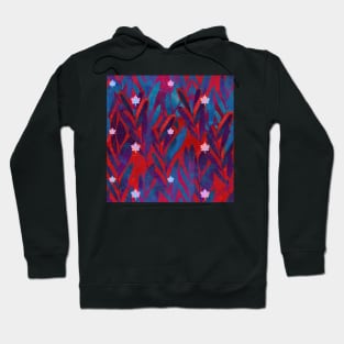 Icy Maple leaves on a deep red and blue leaf background Hoodie